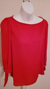 April USA Red Round edge 3/4 tie sleeves blouse w/pearl button closure on back. - Picture 1 of 4