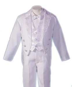 NEW BOY (Sz 4T/12/14)FORMAL 5 Pcs WHITE Paisley TAIL TUXEDO SET, Wedding/Recital - Picture 1 of 5