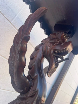 VINTAGE ORNATE WOOD CARVED DRAGON TABLE GOTHIC 43” TALL WALNUT - Image 1 of 4