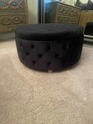 Large Upholstered Tufted Button Velvet Black Round 29.5” Storage Ottoman - Image 1 of 4