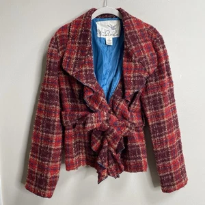 Anthropologie Tabitha Moretown rot kariert Rüschen Tweed Gürtel Jacke Größe 12 - Bild 1 von 11