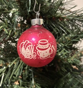 RARE VTG Corning Pink Stencil Mr & Mrs Snowman 1.75” Glass Christmas Ornament - Picture 1 of 7