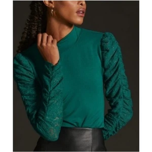 Anthropologie Maeve langärmliges gerafftes grünes Freizeittop mit Spitze Damengröße Small - Bild 1 von 8