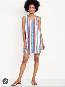 NWT Old Navy Multi Stripe Sleeveless Button-Front Mini Dress Size Medium  - Picture 1 of 6
