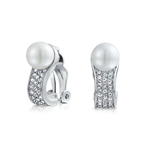 Bridal Crystal Pearl Huggie Clip-On Earrings for Non-Pierced Ears Silver Plated - Picture 1 of 4