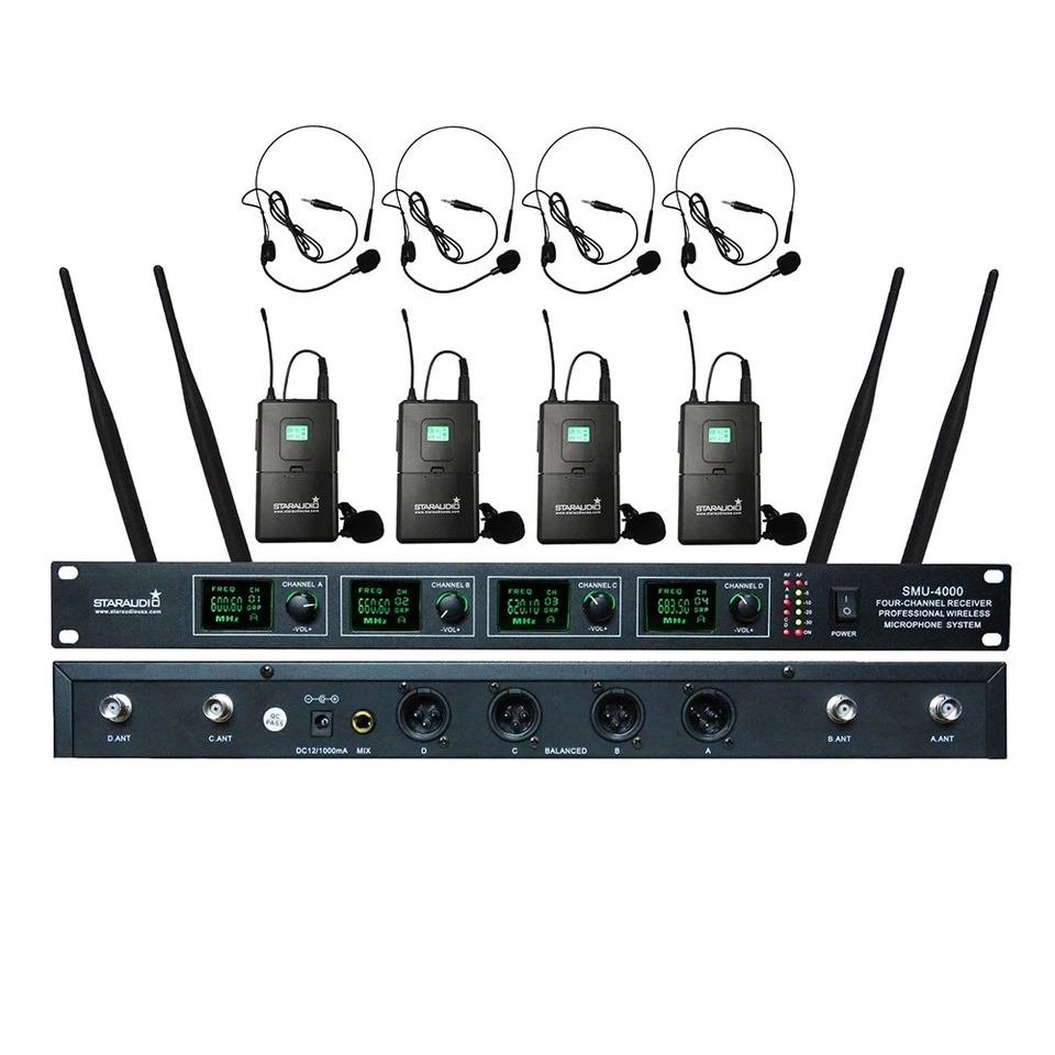 UHF Lapel Headset Wireless Microphone System 4CH Lavalier Bodypacks Stage Mics - Image 1 of 4