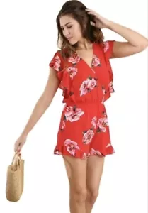 Women's Shorts Romper Red And Floral Print Size Large New Retail $48 - Picture 1 of 14