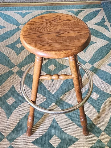Vintage Oak Wooden Bar Stool with Metal Foot Ring & Swivel Seat RARE! Antique!! Cover