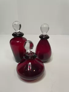 Vintage Ruby Red Bottles with clear stoppers Hand Blown set of 3 - Picture 1 of 7
