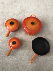 LE CREUSET 4 PIECE SET FLAME ORANGE ENAMEL DUTCH OVENS + SKILLET TOTAL 7 PIECES - Picture 1 of 9