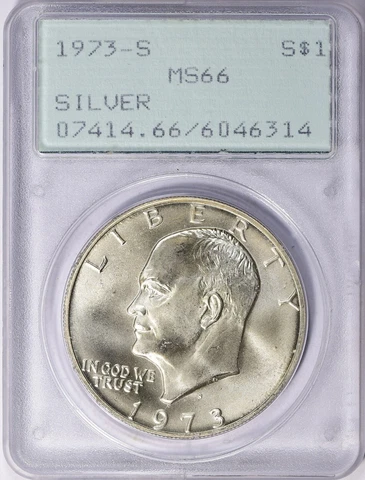 1973-S PCGS MS66 Rattler Ike Eisenhower Silver Dollar GEM BU Lustrous OGH Cover