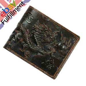 Dragon Brown Bifold Wallet Cow Genuine Leather Men Wallet Cowhide Travel Purse b - Picture 1 of 9