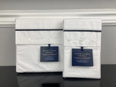 Ralph Lauren Palmer Percale Organic Flat Sheet Pillowcases White Loft Gray  KING - Image 1 of 4