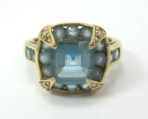 BELLISSIMO ANELLO DONNA ORO 14K CUSCINO TAGLIO PIETRA BLU E DIAMANTE 0,24TDW 4,8G - Foto 1 di 13