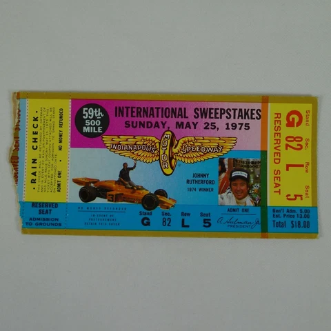 1975 International 500-Mile Sweepstakes Race Ticket Stub Reserved Seat Stand G Cover