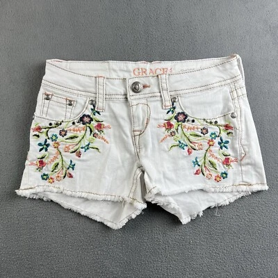 Pantalones Cortos GRACE IN LA Mujer 25 Blancos Denim Bordados Floral Solapa Bolsillos Y2K Foto 1 de 4