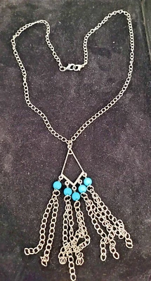 SILVER CHAIN LINK NECKLACE WITH TURQUOISE DANGLES 26" - Image 1 of 4