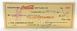 MAR-25-1939 CEDARTOWN GEORGIA COCA~COLA BOTTLING CO. CANCELLED CHECK - Picture 1 of 10