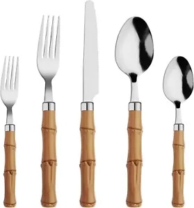 Bamboo Handle Silverware Set 20 Pcs Set for 4 Stainless Steel Flatware Set Bambo - Picture 1 of 7