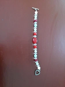 Ruby,rose Quartz,,crystal Rondells Bracelt, Sterling Heart Toggle Size 7.1/2” - Picture 1 of 5