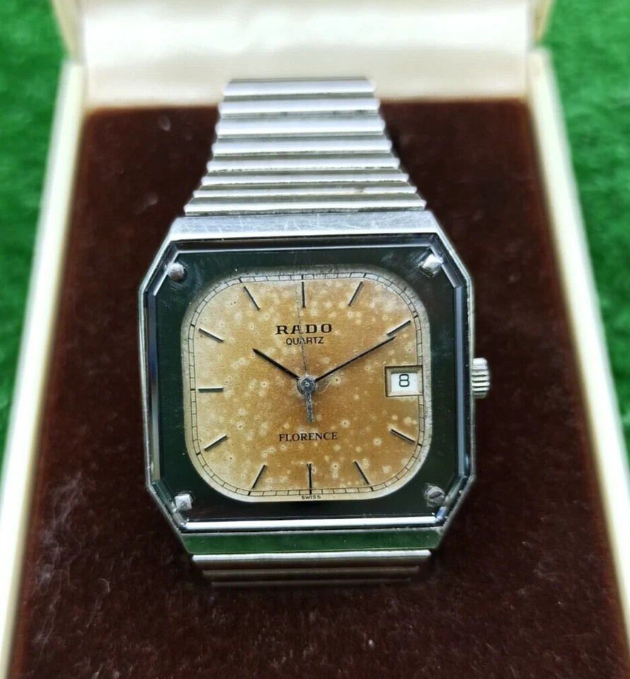 RELOJ RADO FLORENCE CUADRADO MARRÓN VINTAGE PLATEADO CUARZO SUIZO AÑOS 80 Foto 1 de 4
