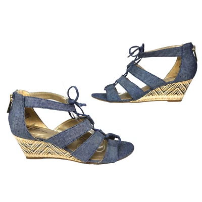 Sandálias anabela jeans com tiras femininas 6 saltos baixos elegante praia boêmio - Imagem 1 de 4