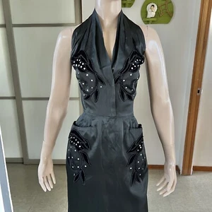 1950s vintage satin halter dress with velvet and rhinestone appliques 26W - Picture 1 of 11