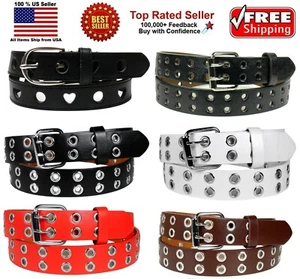 KIDS CHILDREN BOYS GIRLS 2 HOLES ROW GROMMETS Bonded Leather Belt Silver Buckle - Picture 1 of 13