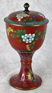 Vintage rot chinesisch Messing Cloisonne bedeckt Kompott Glas Urne Räuchergefäß mit Deckel asiatisch - Bild 1 von 12