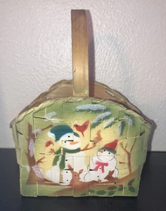 Vtg 1990s Woven Reed Rattan Snowman Basket Handmade Painted Small Seasonal - Picture 1 of 7
