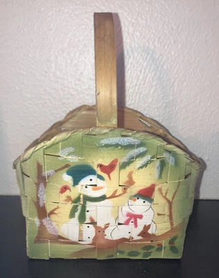 Vtg 1990s Woven Reed Rattan Snowman Basket Handmade Painted Small Seasonal - Image 1 of 4