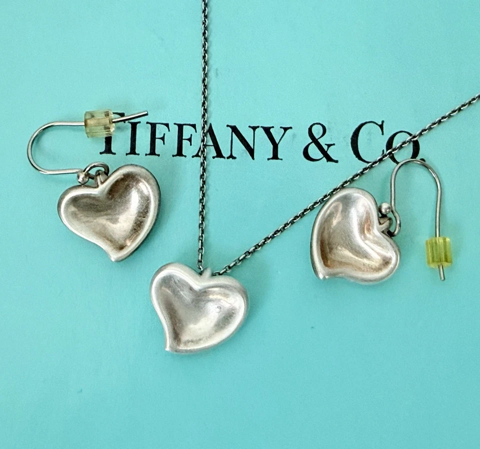 Tiffany & Co. Elsa Peretti Full Heart Silver 925 Necklace Earrings Set - Image 1 of 4