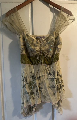 Camisa Festival Vintage HALE BOB Verde Floral Lantejoulas Renda WHIMSICAL FAIRY PIXIE - Imagem 1 de 4