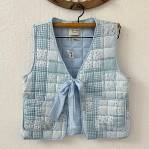 Stoosh Quilted Patchwork Tie Front Light Puffer Vest Blue Floral L - Picture 1 of 4