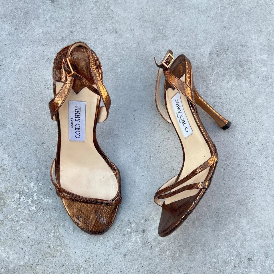 Jimmy Choo | Autêntico Ouro Bronze Couro de Píton Tiras Slingback Stiletto (37) - Imagem 1 de 4