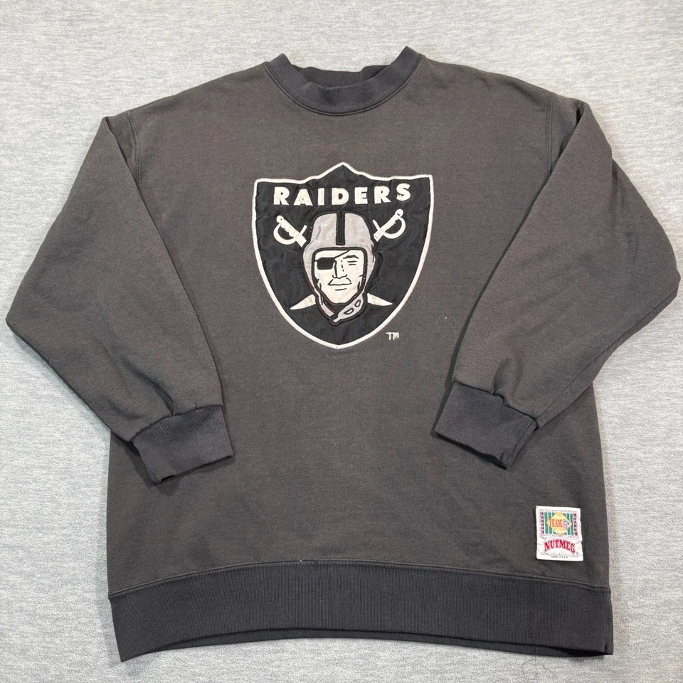 Nutmeg Sweatshirt Mens Large Black Raiders NFL Crewneck Vintage Made USA - Image 1 of 4