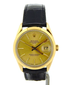 Rolex Date 15505 Mens Gold Shell Steel Watch Champagne Dial Black Strap Band - Picture 1 of 5
