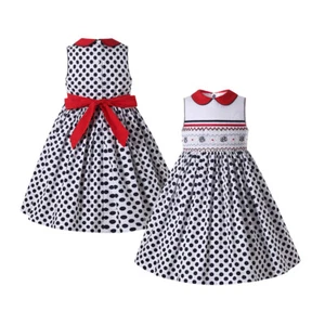 Blue Girl Hand Smocked Dress & Embroidery Summer Polka Dot Dresses Sleeveless US - Picture 1 of 11