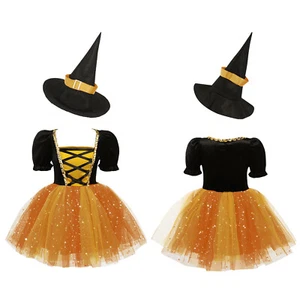 Girls Halloween Witch Costume Bubble Sleeve Tutu Dress and Magic Hat for Cosplay - Picture 1 of 30