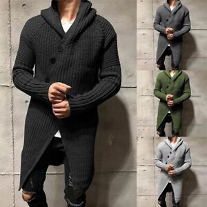 Fashionable Black Men's Long Sleeve Hooded Cardigan Trench Coat Sweater