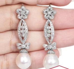 .78ct VS/H Diamond 11mm Pearl 18K Solid W Gold Flower Bow Dangle Drop Earrings - Picture 1 of 5