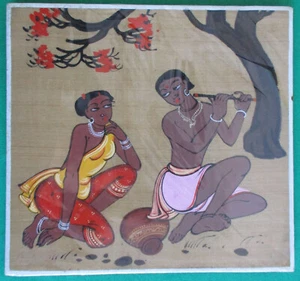 Pintura de mujeres hindúes sobre seda arte original de la India vintage 1975 - Imagen 1 de 6