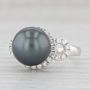 New Tahitian Black Pearl 0.55ctw Diamond Halo Ring 14k White Gold Size 7 - Picture 1 of 10