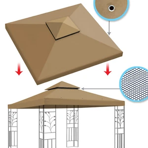 2 Tier Replacement Canopy Cover 10x10 ft Gazebo Tent Tan Sunshade Top w Drainage - Picture 1 of 10