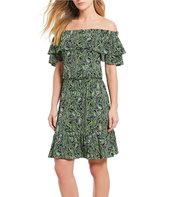 NWT MSRP $125 MICHAEL KORS Paisley Print Tiered Ruffle Dress, Navy Green, MEDIUM - Image 1 of 4