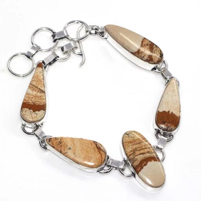 Picture Jasper 925 Silver Plated Handmade Bracelet 8.5" Gifts Jewelry GW - Image 1 of 3