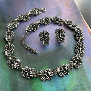 MIRACLE Vintage Panel Link Floral Leaf Garland Choker Clip Earrings Necklace Set - Picture 1 of 14
