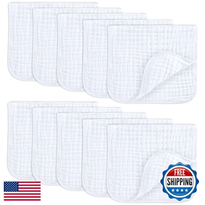 Paquete de 10 paños cómodos para eructar de muselina de 20x10" 6 capas de algodón absorbente blanco Foto 1 de 4