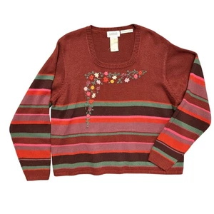 Vintage Maroon Burgundy XL Vintage Hand-Embroidered Striped Sweater Cottage Core - Picture 1 of 7