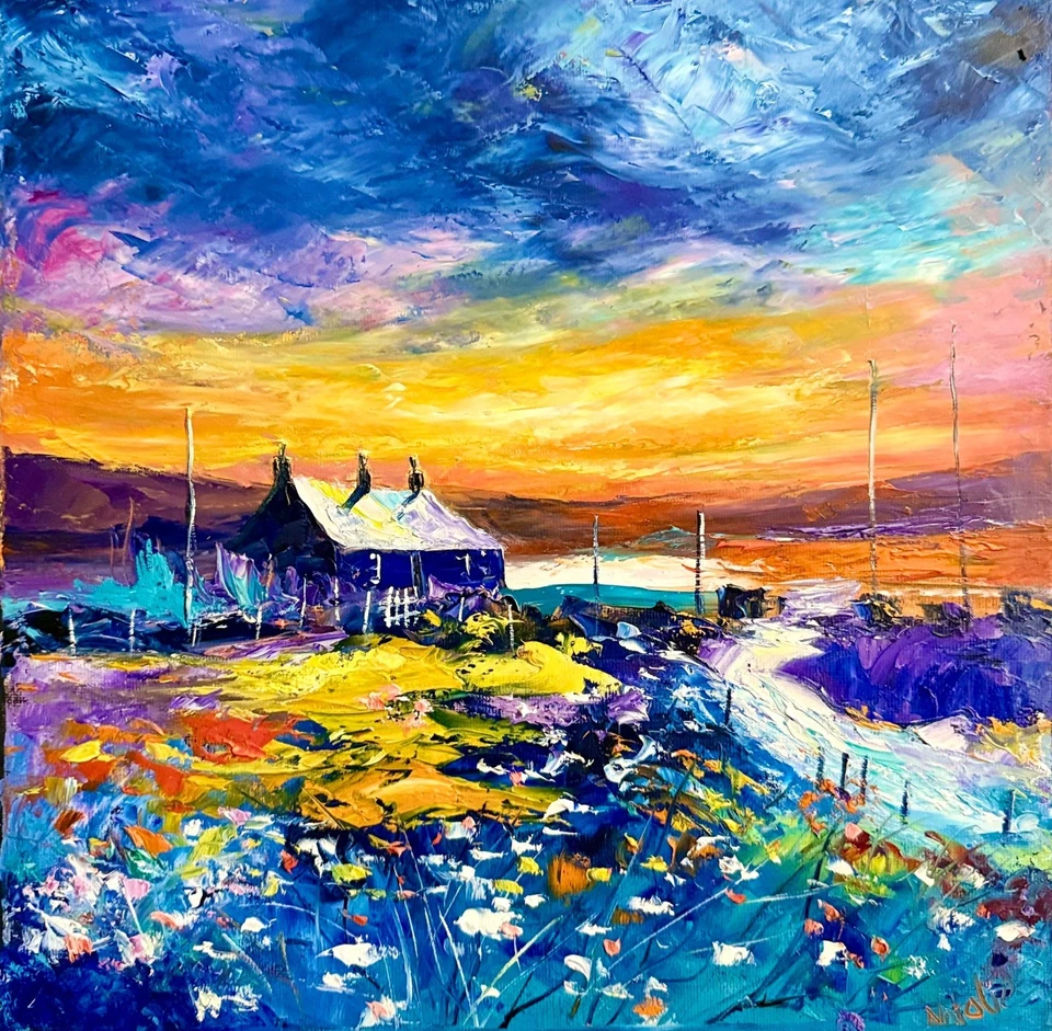 Pintura al óleo escocesa original de Natalie Souter "Puesta de sol de primavera en Kilchoman Islay" Foto 1 de 1